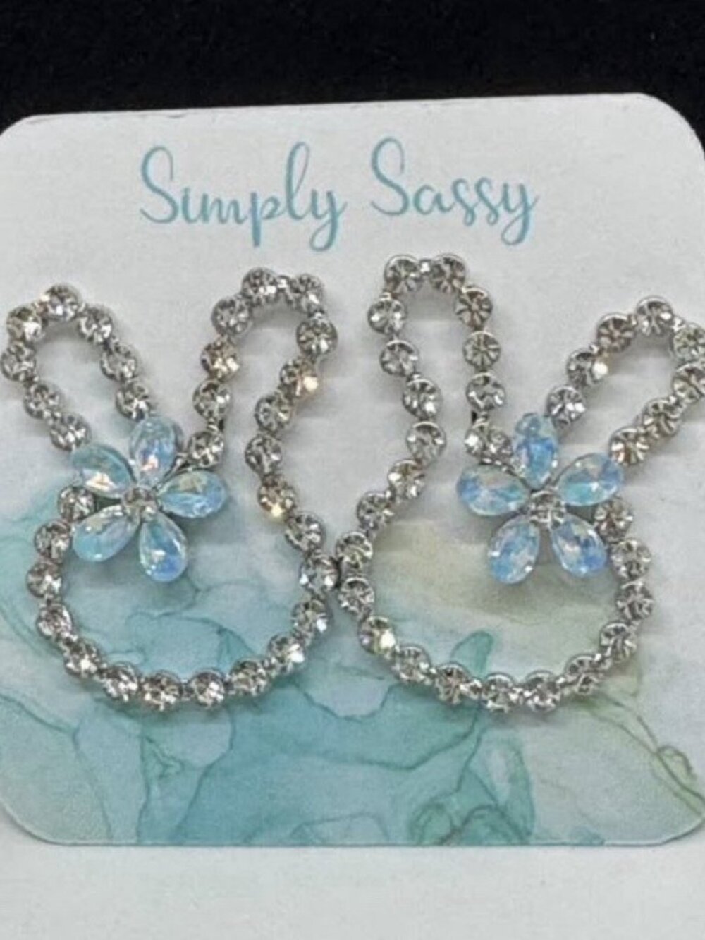 Simply Sassy Silver Tone Blue Flower Bunny Crystal Stud Earrings